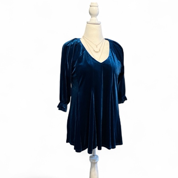 Deep Turquoise Velvet Ruffle Sleeve Pleated Tunic Renaissance Regency Fairycore - Picture 1 of 9